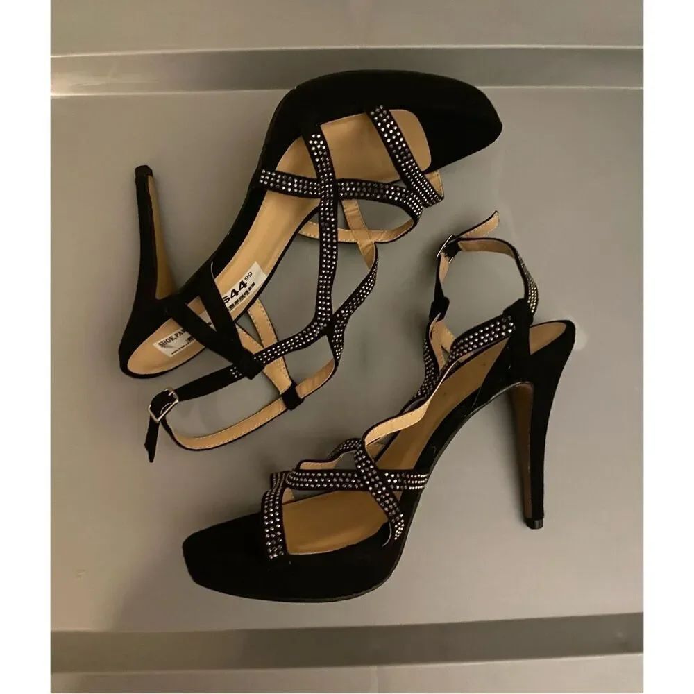 Metaphor Black Strappy Shoes 38671 Paris Studded Bling NWOB Heels Faux Suede